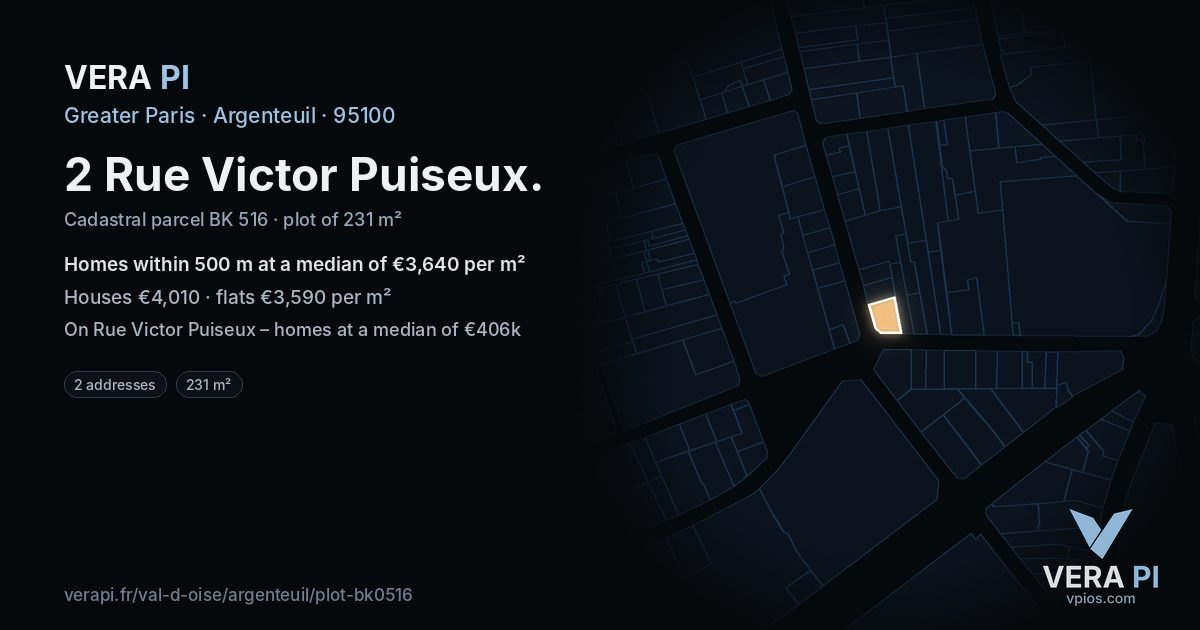 2 Rue Victor Puiseux, Argenteuil at night – the plot lit, the parcels around coloured by the prices near them
