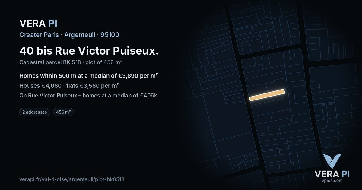 40 bis Rue Victor Puiseux, Argenteuil at night – the plot lit, the parcels around coloured by the prices near them