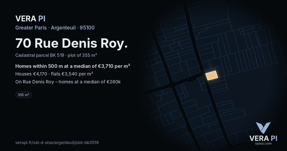 70 Rue Denis Roy, Argenteuil at night – the plot lit, the parcels around coloured by the prices near them