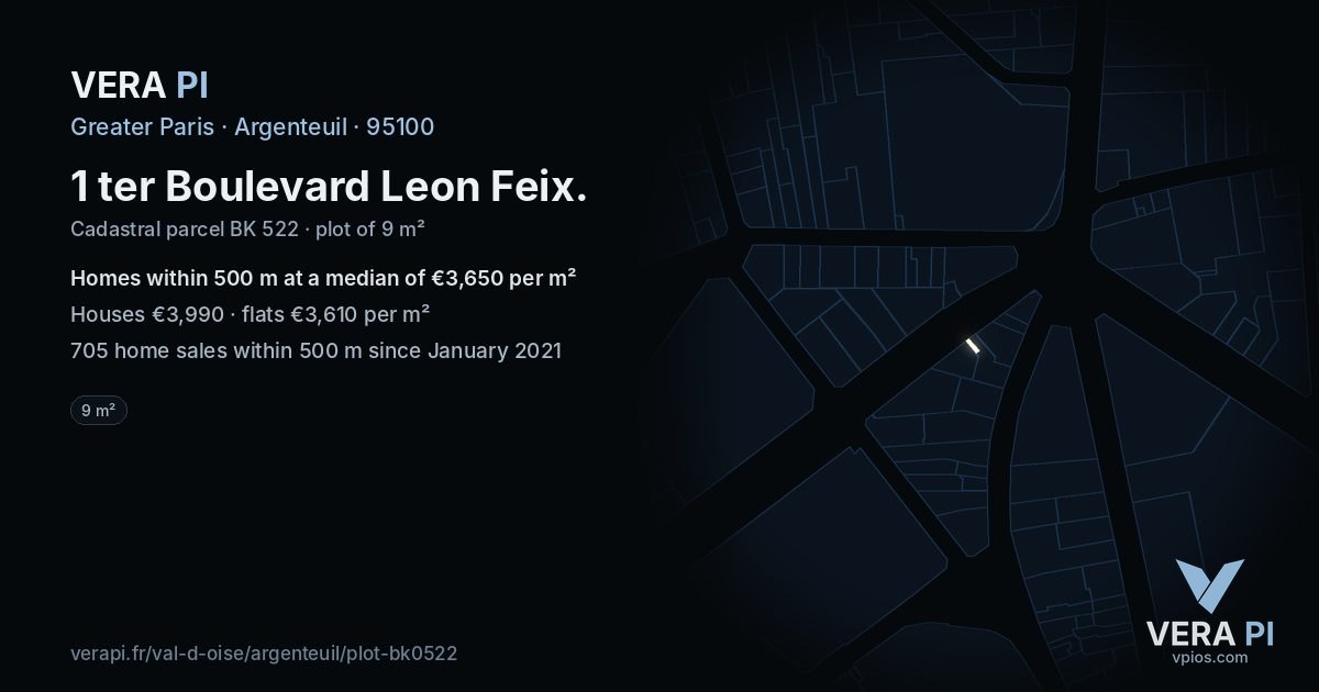 1 ter Boulevard Leon Feix, Argenteuil at night – the plot lit, the parcels around coloured by the prices near them