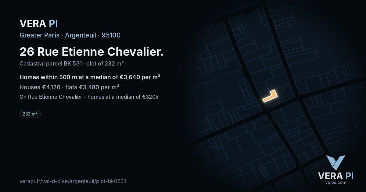 26 Rue Etienne Chevalier, Argenteuil at night – the plot lit, the parcels around coloured by the prices near them