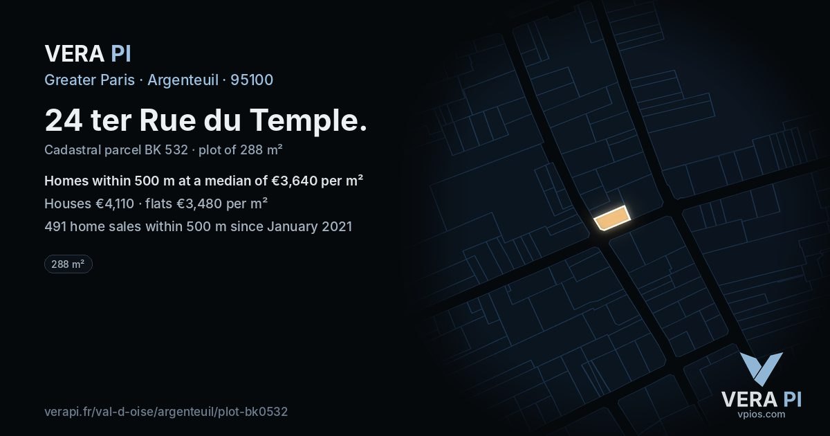 24 ter Rue du Temple, Argenteuil at night – the plot lit, the parcels around coloured by the prices near them