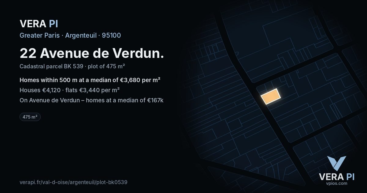 22 Avenue de Verdun, Argenteuil at night – the plot lit, the parcels around coloured by the prices near them