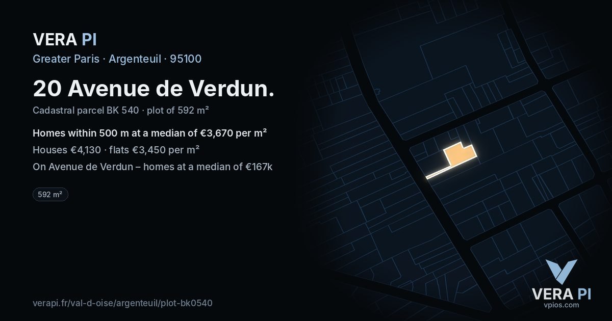 20 Avenue de Verdun, Argenteuil at night – the plot lit, the parcels around coloured by the prices near them