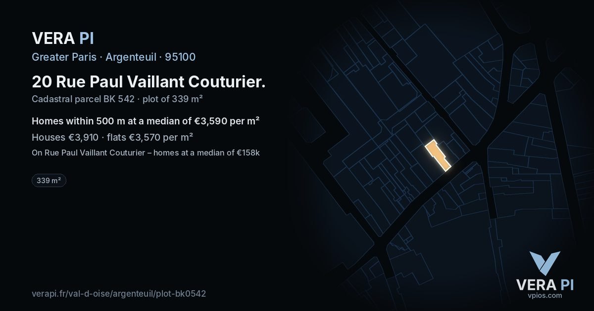 20 Rue Paul Vaillant Couturier, Argenteuil at night – the plot lit, the parcels around coloured by the prices near them