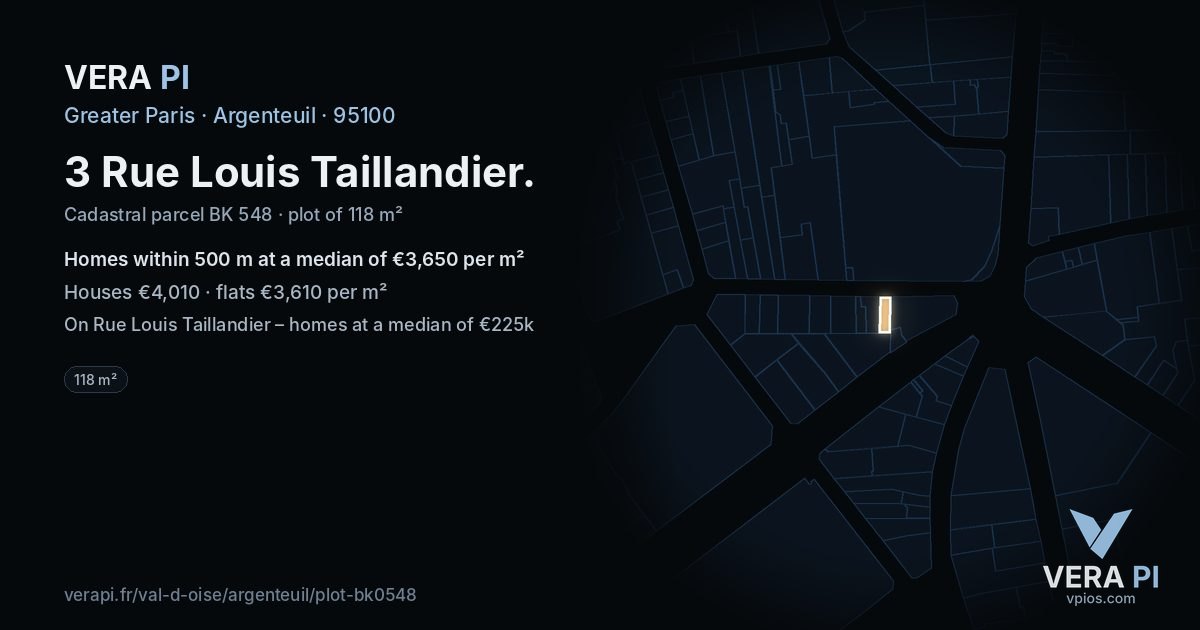 3 Rue Louis Taillandier, Argenteuil at night – the plot lit, the parcels around coloured by the prices near them