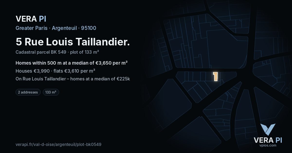5 Rue Louis Taillandier, Argenteuil at night – the plot lit, the parcels around coloured by the prices near them