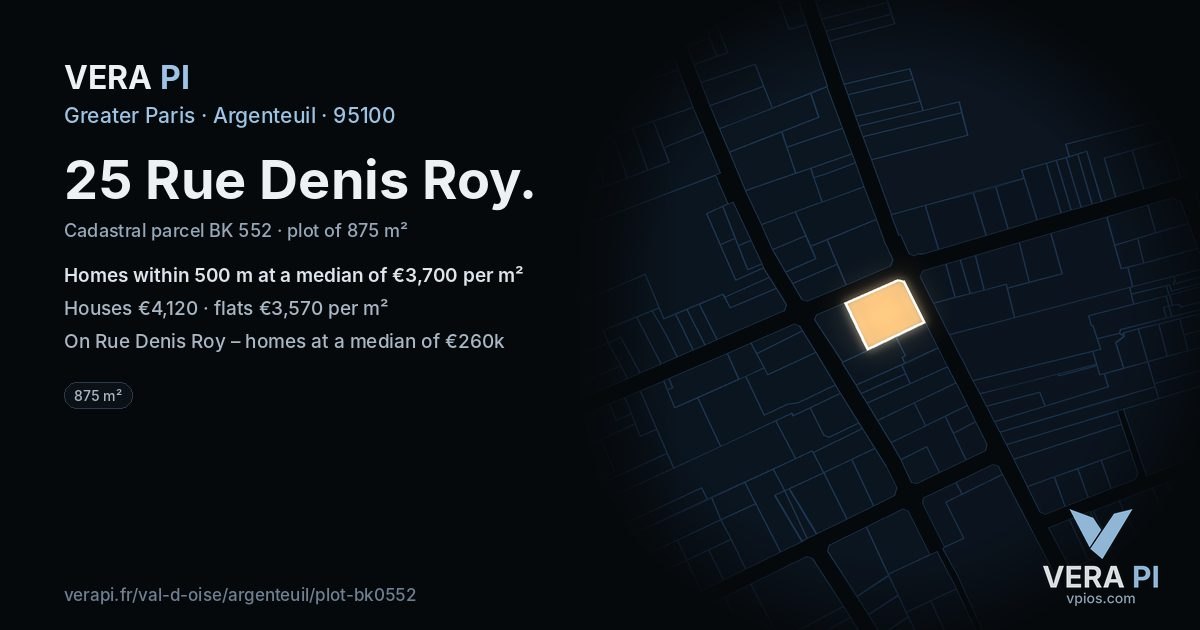 25 Rue Denis Roy, Argenteuil at night – the plot lit, the parcels around coloured by the prices near them