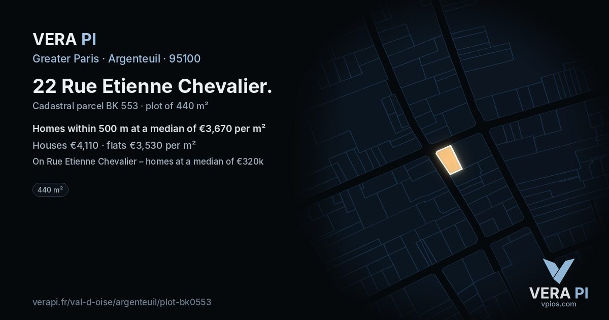 22 Rue Etienne Chevalier, Argenteuil at night – the plot lit, the parcels around coloured by the prices near them