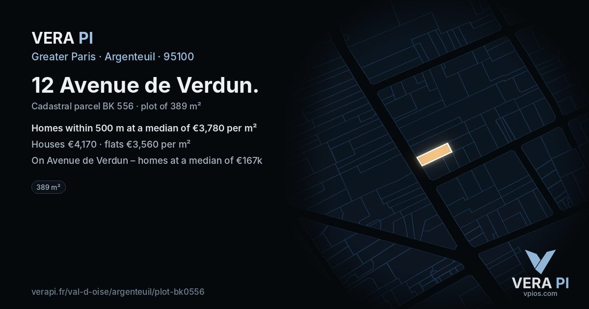 12 Avenue de Verdun, Argenteuil at night – the plot lit, the parcels around coloured by the prices near them