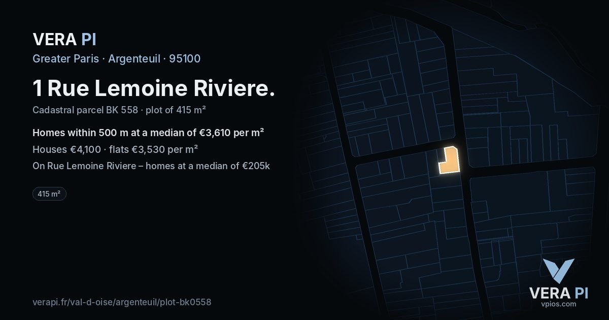 1 Rue Lemoine Riviere, Argenteuil at night – the plot lit, the parcels around coloured by the prices near them