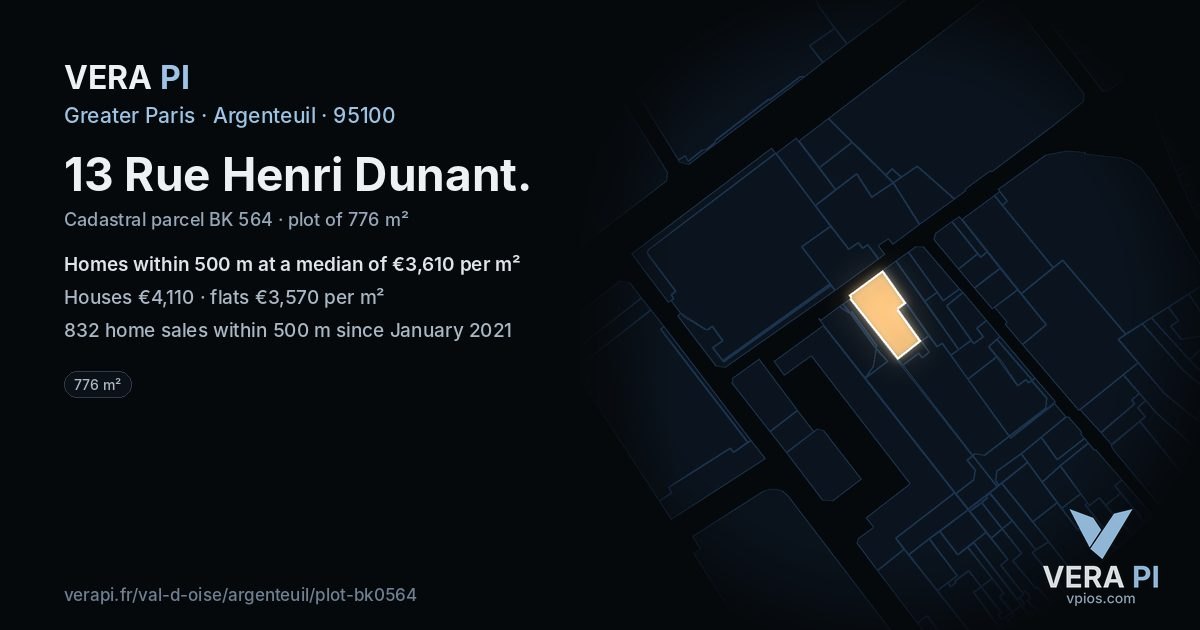 13 Rue Henri Dunant, Argenteuil at night – the plot lit, the parcels around coloured by the prices near them