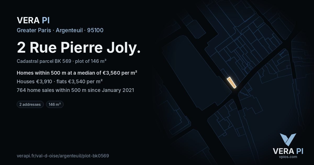2 Rue Pierre Joly, Argenteuil at night – the plot lit, the parcels around coloured by the prices near them