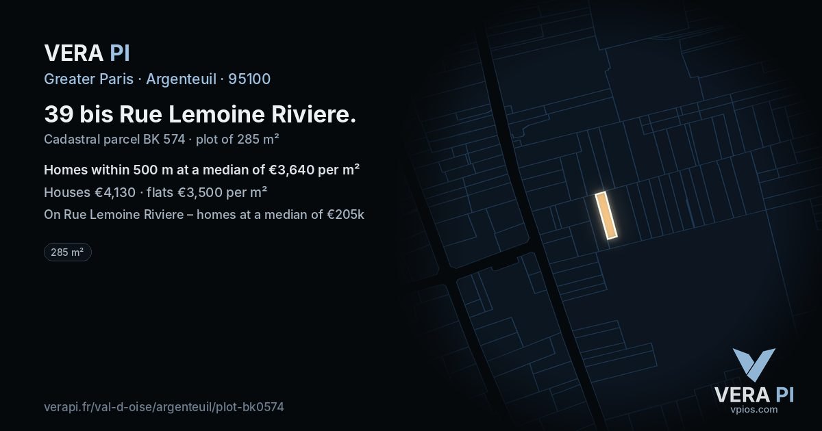 39 bis Rue Lemoine Riviere, Argenteuil at night – the plot lit, the parcels around coloured by the prices near them