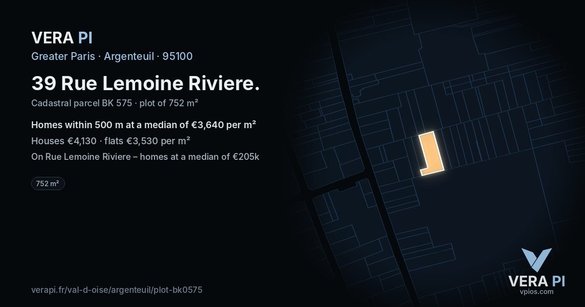 39 Rue Lemoine Riviere, Argenteuil at night – the plot lit, the parcels around coloured by the prices near them