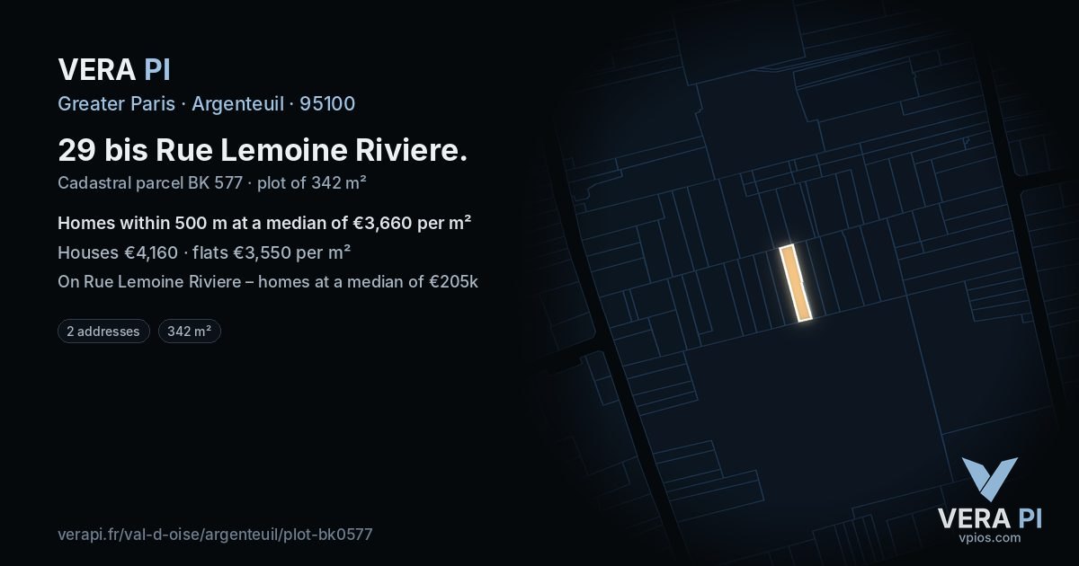 29 bis Rue Lemoine Riviere, Argenteuil at night – the plot lit, the parcels around coloured by the prices near them