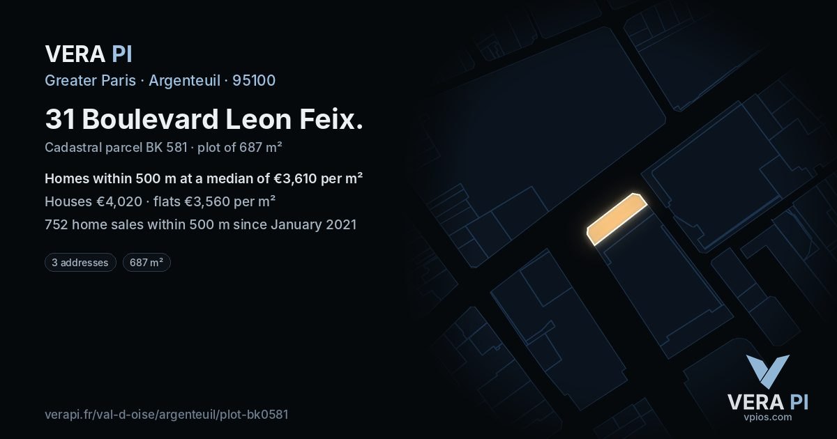 31 Boulevard Leon Feix, Argenteuil at night – the plot lit, the parcels around coloured by the prices near them