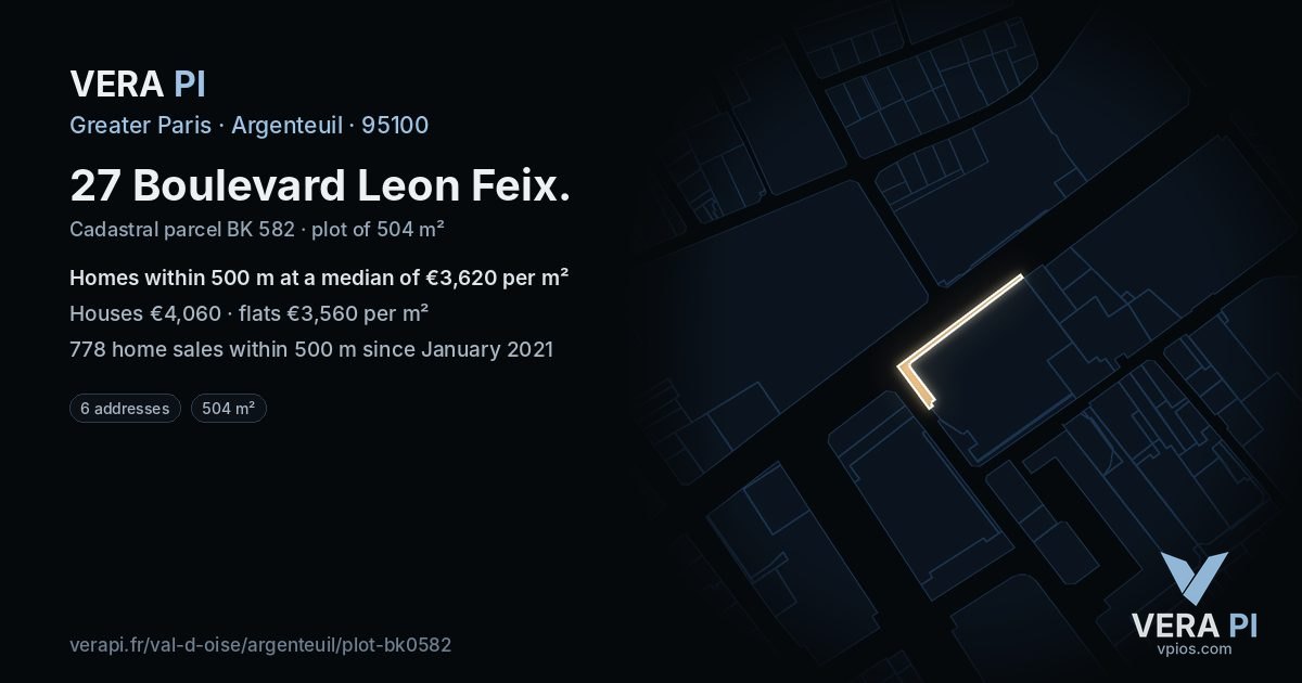 27 Boulevard Leon Feix, Argenteuil at night – the plot lit, the parcels around coloured by the prices near them