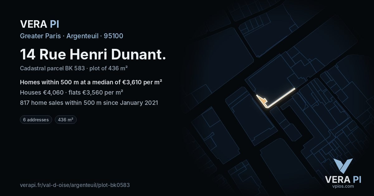 14 Rue Henri Dunant, Argenteuil at night – the plot lit, the parcels around coloured by the prices near them