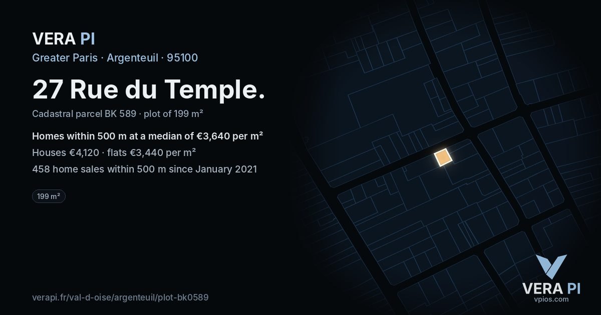27 Rue du Temple, Argenteuil at night – the plot lit, the parcels around coloured by the prices near them