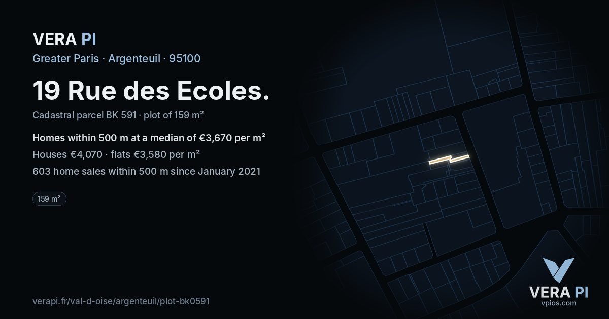 19 Rue des Ecoles, Argenteuil at night – the plot lit, the parcels around coloured by the prices near them
