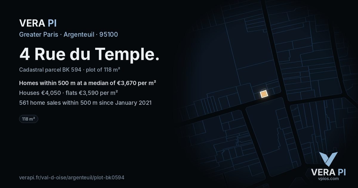 4 Rue du Temple, Argenteuil at night – the plot lit, the parcels around coloured by the prices near them