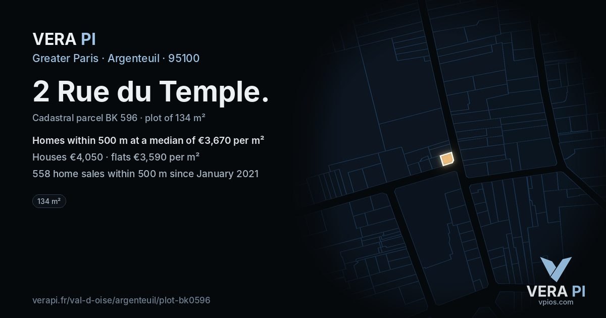 2 Rue du Temple, Argenteuil at night – the plot lit, the parcels around coloured by the prices near them
