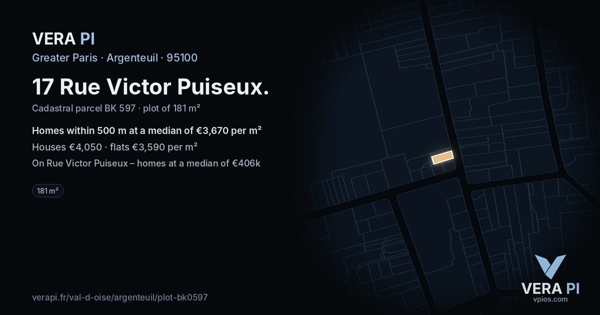 17 Rue Victor Puiseux, Argenteuil at night – the plot lit, the parcels around coloured by the prices near them