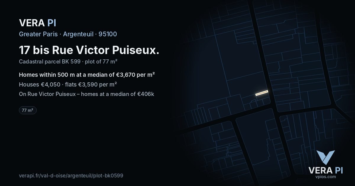 17 bis Rue Victor Puiseux, Argenteuil at night – the plot lit, the parcels around coloured by the prices near them