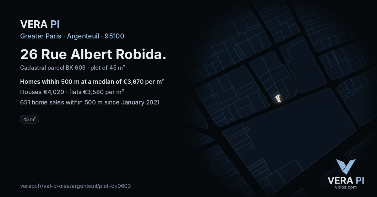 26 Rue Albert Robida, Argenteuil at night – the plot lit, the parcels around coloured by the prices near them