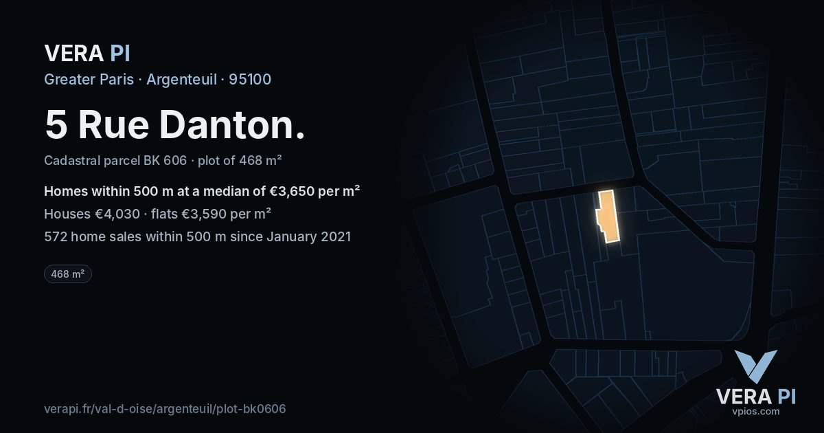 5 Rue Danton, Argenteuil at night – the plot lit, the parcels around coloured by the prices near them