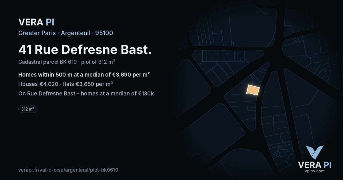 41 Rue Defresne Bast, Argenteuil at night – the plot lit, the parcels around coloured by the prices near them