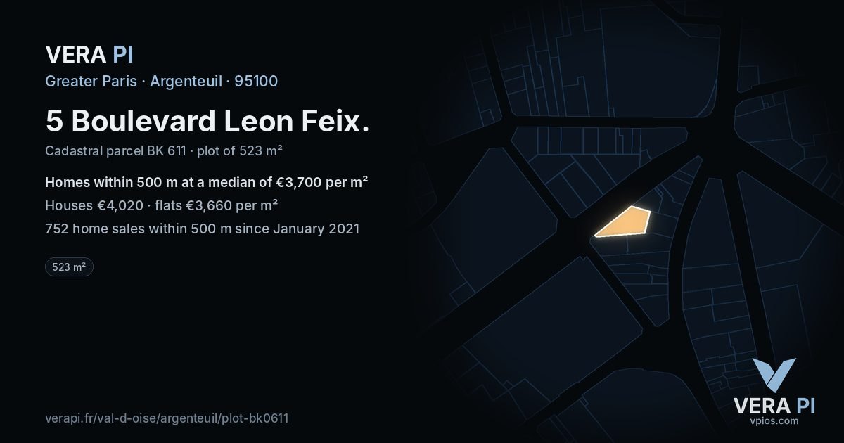 5 Boulevard Leon Feix, Argenteuil at night – the plot lit, the parcels around coloured by the prices near them