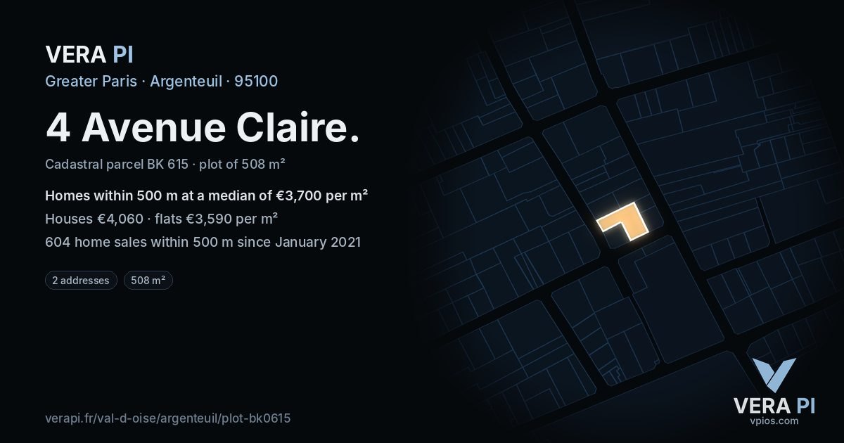 4 Avenue Claire, Argenteuil at night – the plot lit, the parcels around coloured by the prices near them