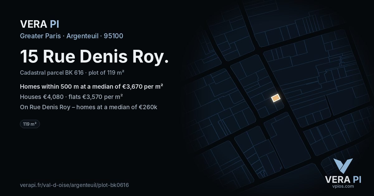 15 Rue Denis Roy, Argenteuil at night – the plot lit, the parcels around coloured by the prices near them