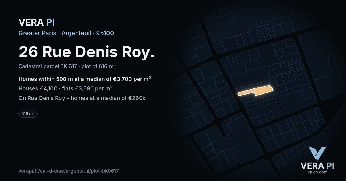 26 Rue Denis Roy, Argenteuil at night – the plot lit, the parcels around coloured by the prices near them