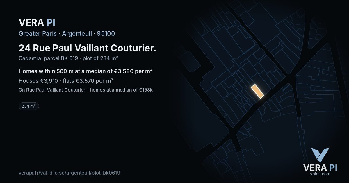 24 Rue Paul Vaillant Couturier, Argenteuil at night – the plot lit, the parcels around coloured by the prices near them