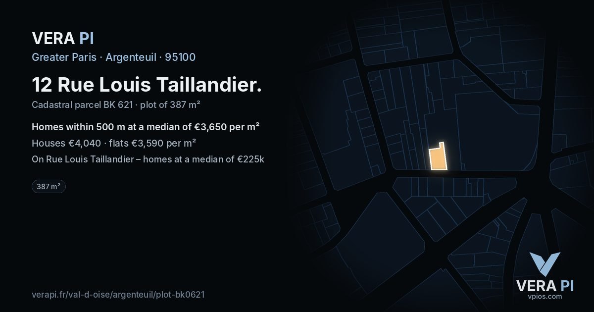 12 Rue Louis Taillandier, Argenteuil at night – the plot lit, the parcels around coloured by the prices near them