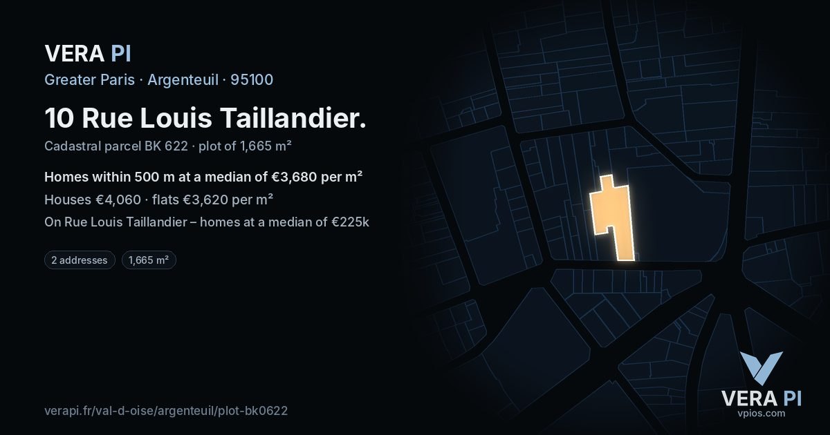 10 Rue Louis Taillandier, Argenteuil at night – the plot lit, the parcels around coloured by the prices near them
