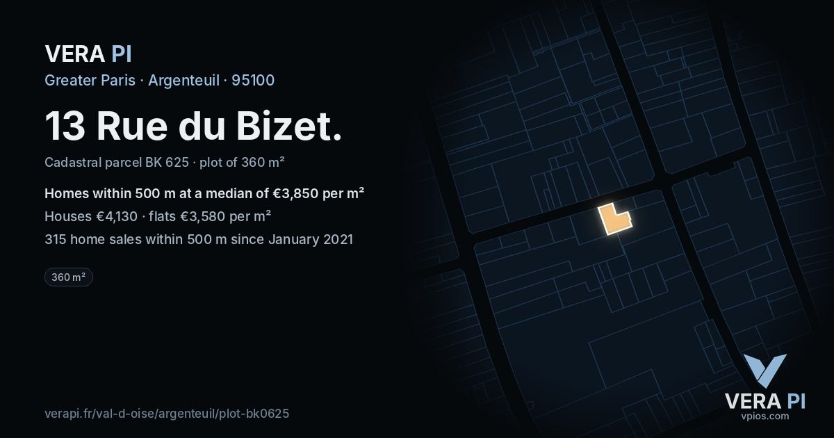 13 Rue du Bizet, Argenteuil at night – the plot lit, the parcels around coloured by the prices near them