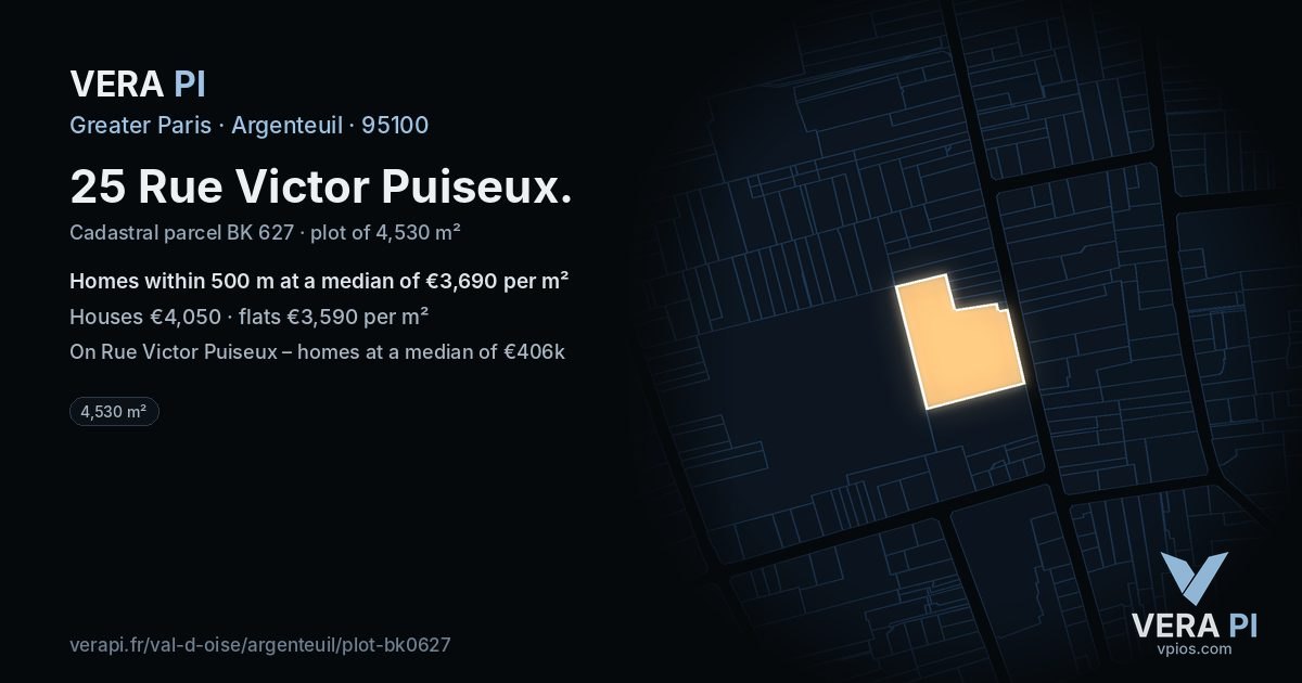 25 Rue Victor Puiseux, Argenteuil at night – the plot lit, the parcels around coloured by the prices near them