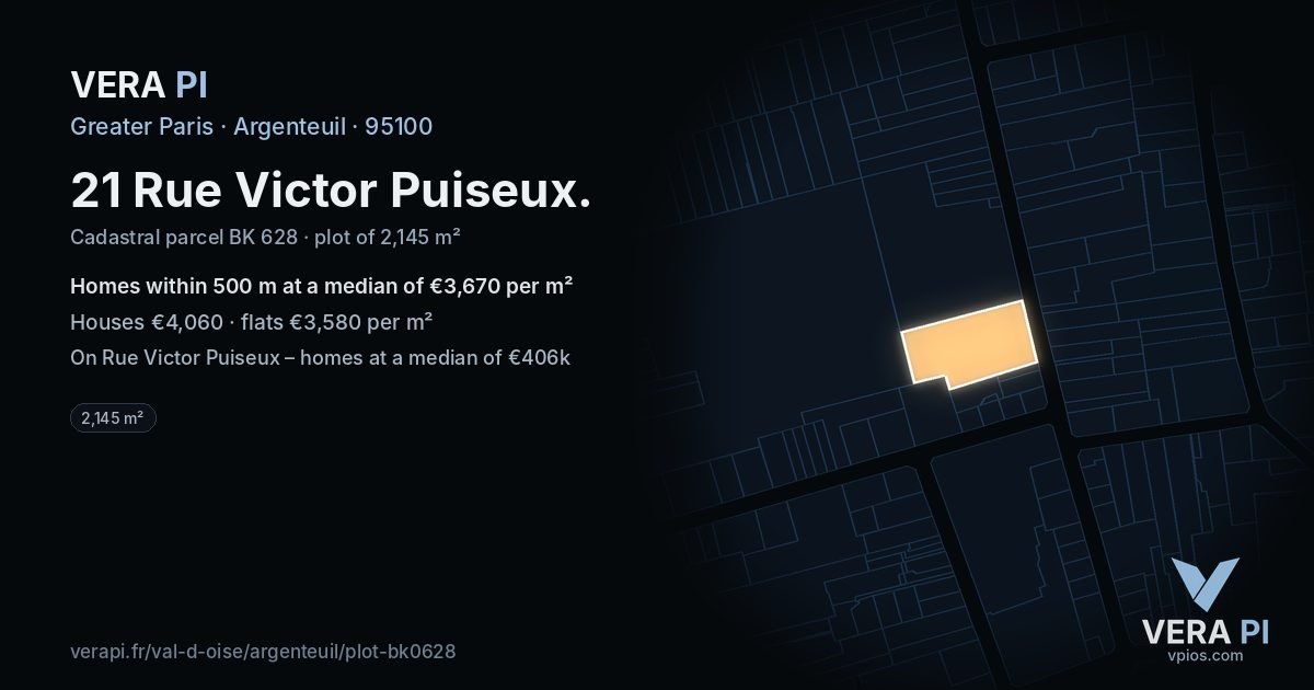 21 Rue Victor Puiseux, Argenteuil at night – the plot lit, the parcels around coloured by the prices near them