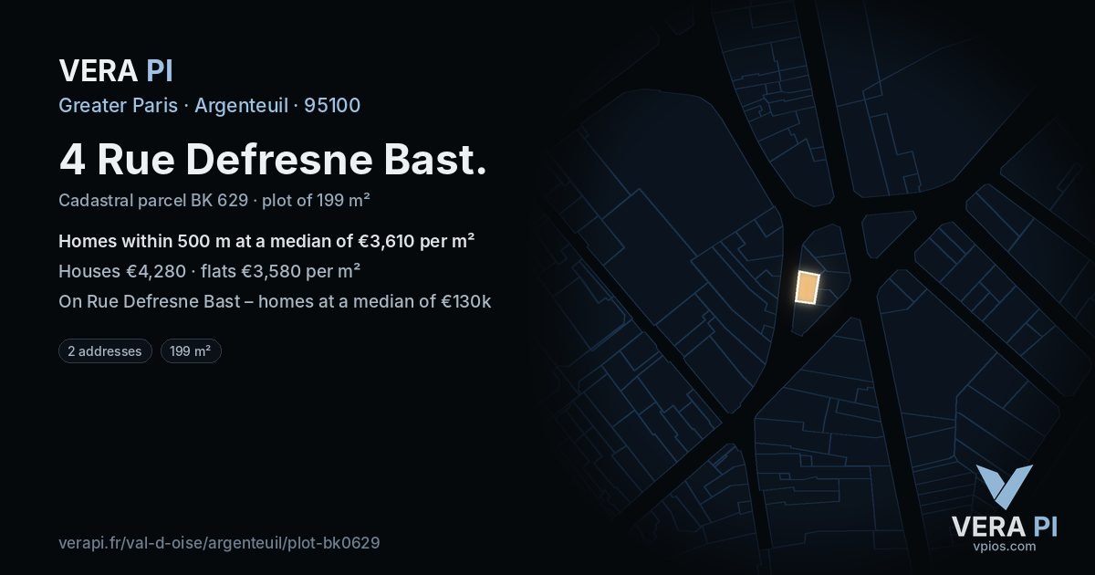 4 Rue Defresne Bast, Argenteuil at night – the plot lit, the parcels around coloured by the prices near them