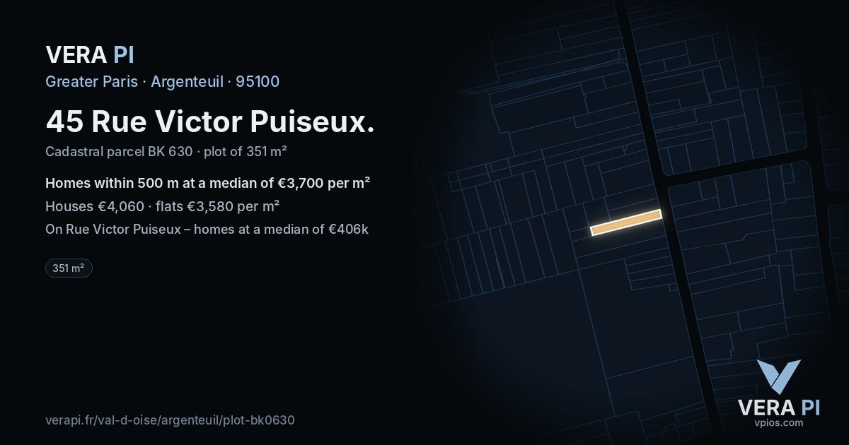 45 Rue Victor Puiseux, Argenteuil at night – the plot lit, the parcels around coloured by the prices near them
