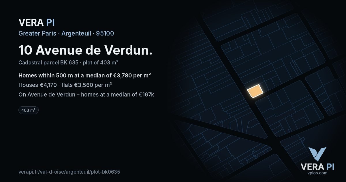 10 Avenue de Verdun, Argenteuil at night – the plot lit, the parcels around coloured by the prices near them