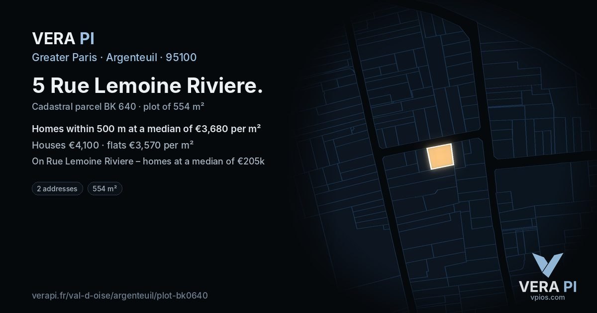 5 Rue Lemoine Riviere, Argenteuil at night – the plot lit, the parcels around coloured by the prices near them