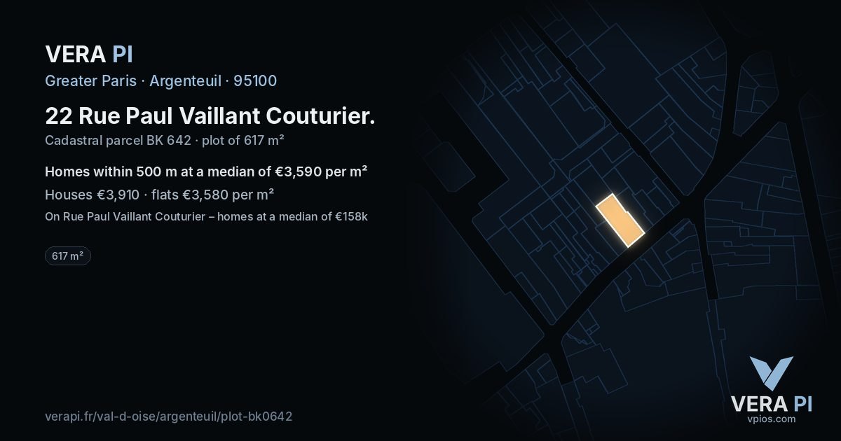 22 Rue Paul Vaillant Couturier, Argenteuil at night – the plot lit, the parcels around coloured by the prices near them
