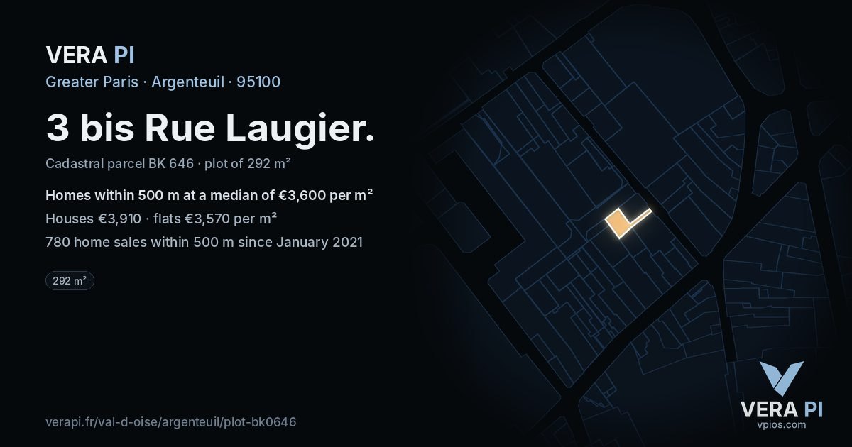 3 bis Rue Laugier, Argenteuil at night – the plot lit, the parcels around coloured by the prices near them