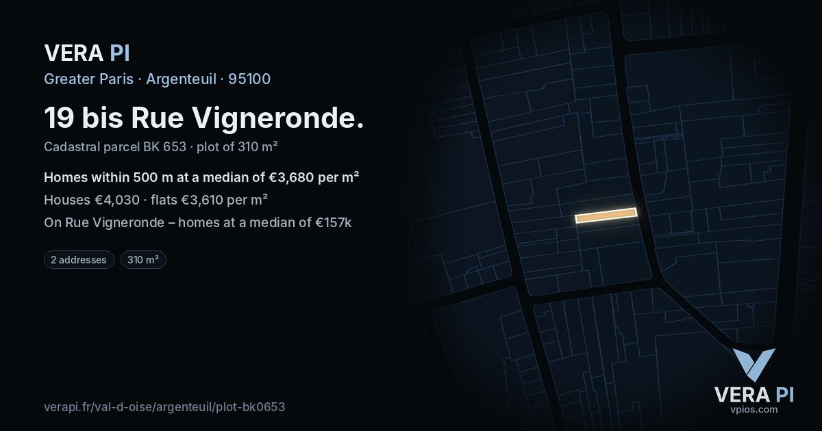 19 bis Rue Vigneronde, Argenteuil at night – the plot lit, the parcels around coloured by the prices near them
