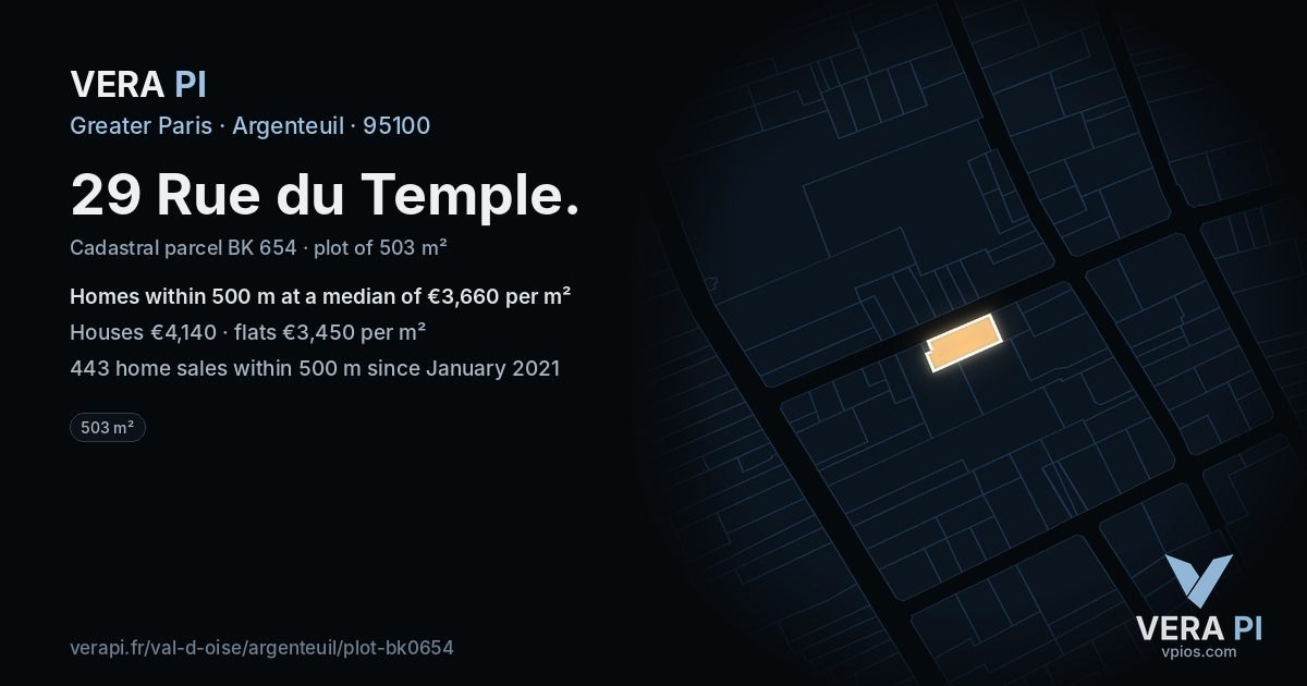 29 Rue du Temple, Argenteuil at night – the plot lit, the parcels around coloured by the prices near them